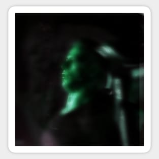 Portrait, digital collage and special processing. Man looking somewhere. He's strong. Green, white some glow. Sticker